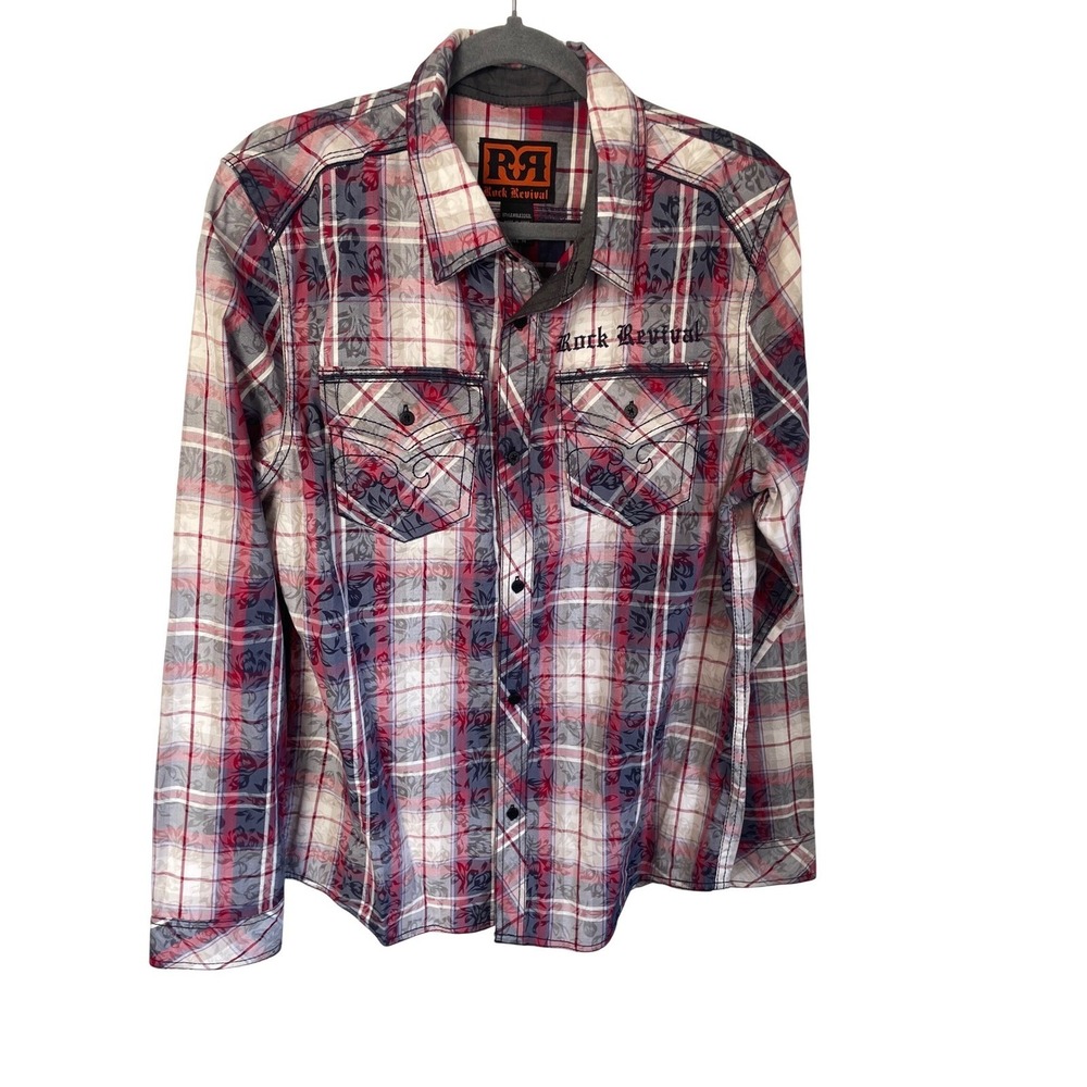 Rock Revival Men's M Embroidered Plaid Floral Button Down Shirt BLE2202L Western